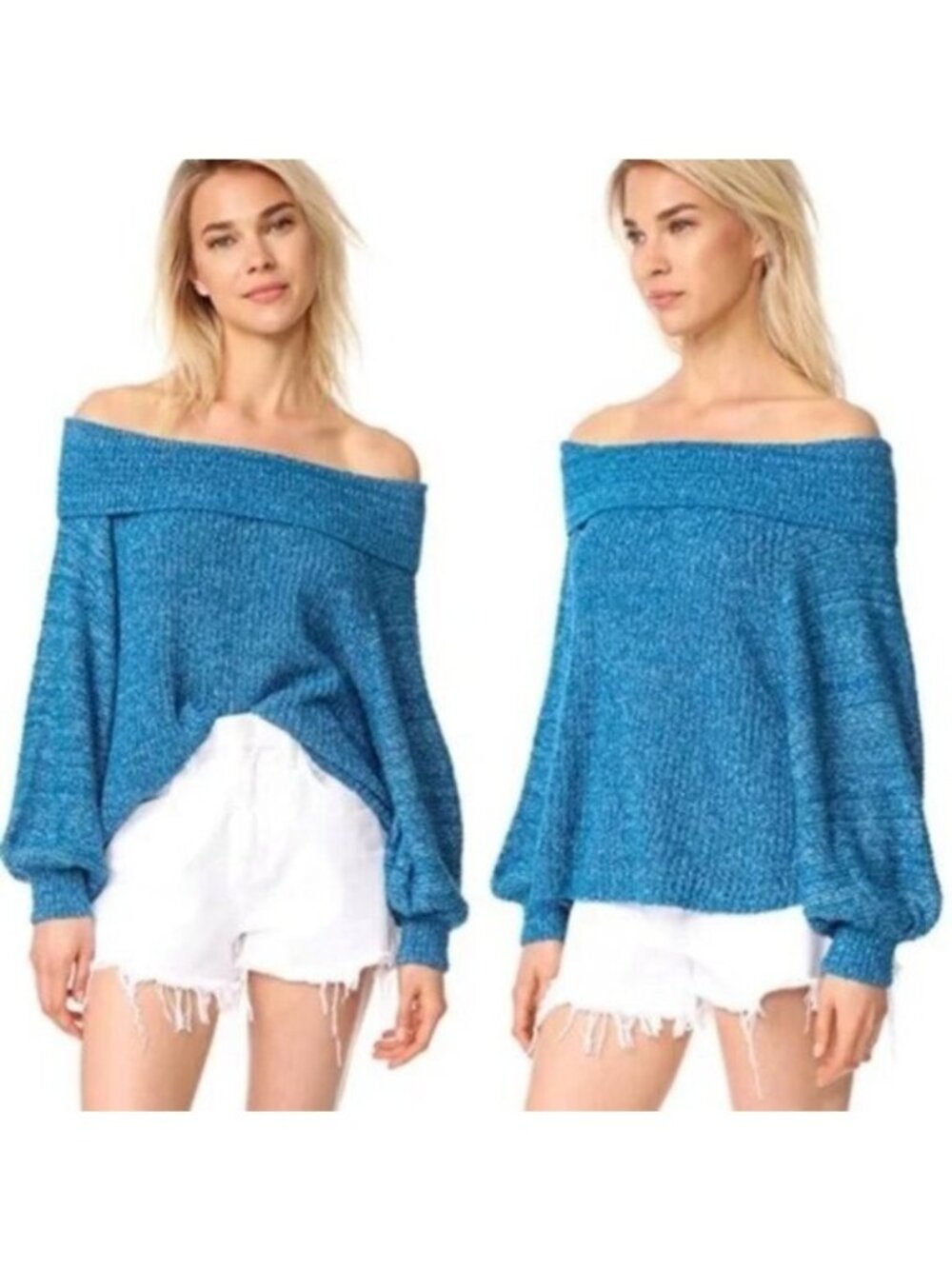 Free People | Edessa Off shoulder Balloon Sleeve Knit Sweater Blue
